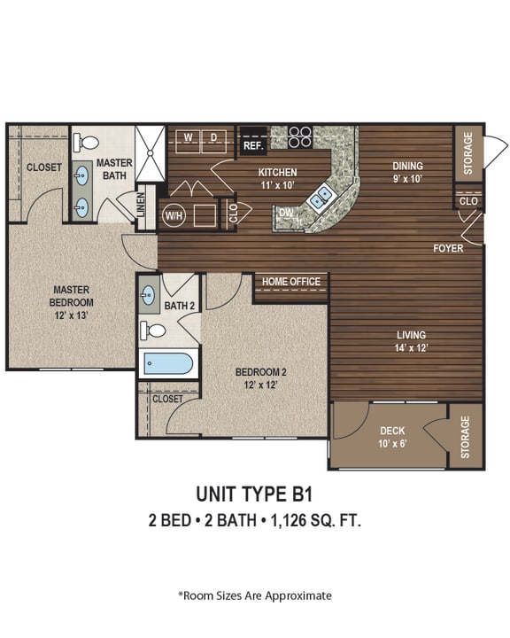 B1 1,126 Sq.Ft. Floor Plan at Ascent at Mallard Creek Apartment Homes, Charlotte